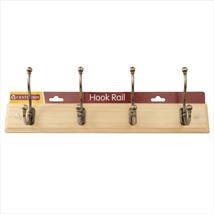 4 Coat Hook Rail. Traditional Antique Brass Hooks on Pine Board