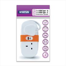 2 Way 1.4 Metre - Travel Socket with USB & C Port
